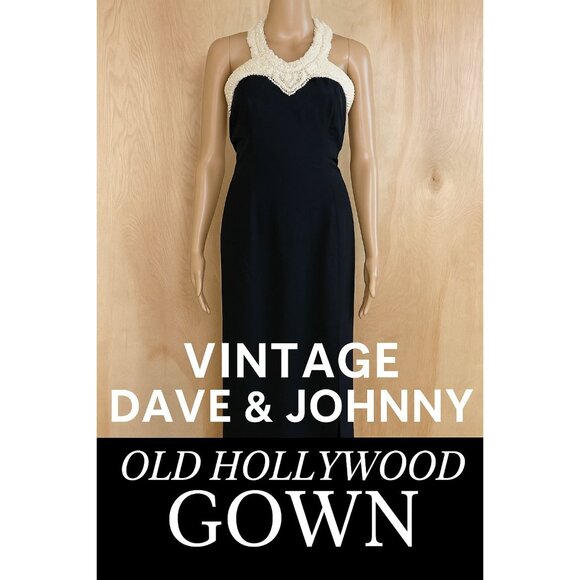 Vintage Dave & Johnny Black Beaded Halter Evening Gown Dress USA Sz 9/10 Old Hol - Picture 1 of 16